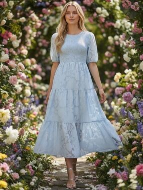 Merokeety Light Blue Smocked Puff Sleeve Tiered Midi Dress Size M